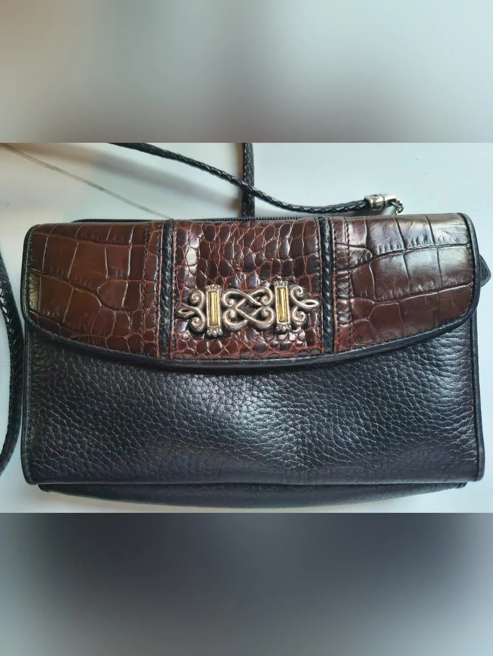 Brighton women's Black and Brown Crossbody Bag with Gold Accent Vintage